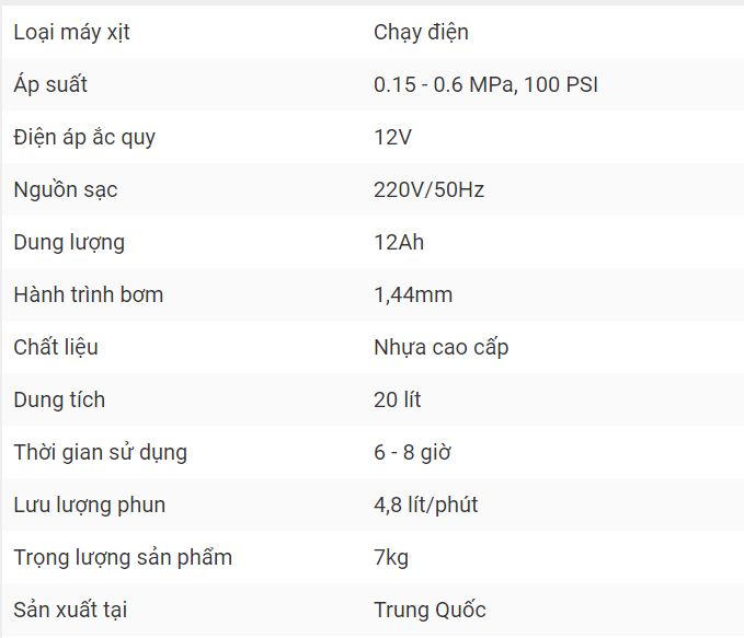 thông số bình xịt điện phun thuốc trừ sâu Oshima OS20-SP